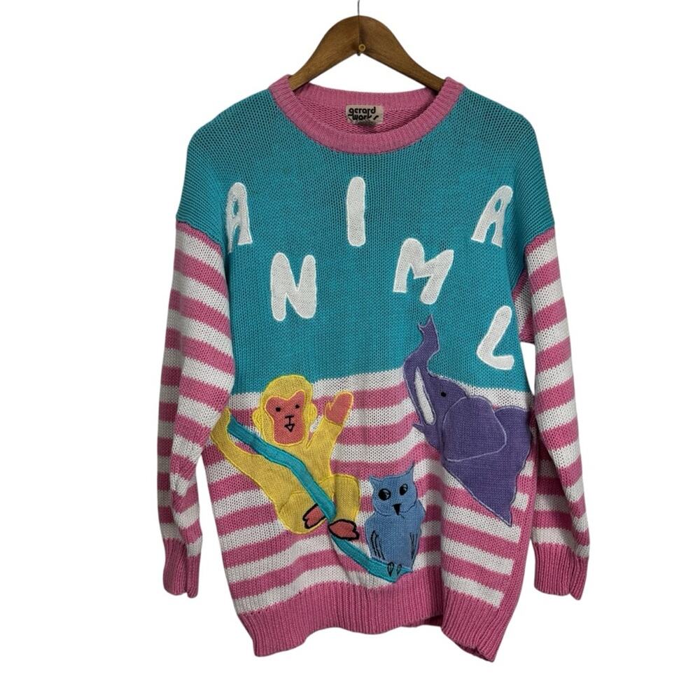 Vintage Gerard Animal‎ Print Sweater in Pink and Blue Monkey Elephant Zoo Medium